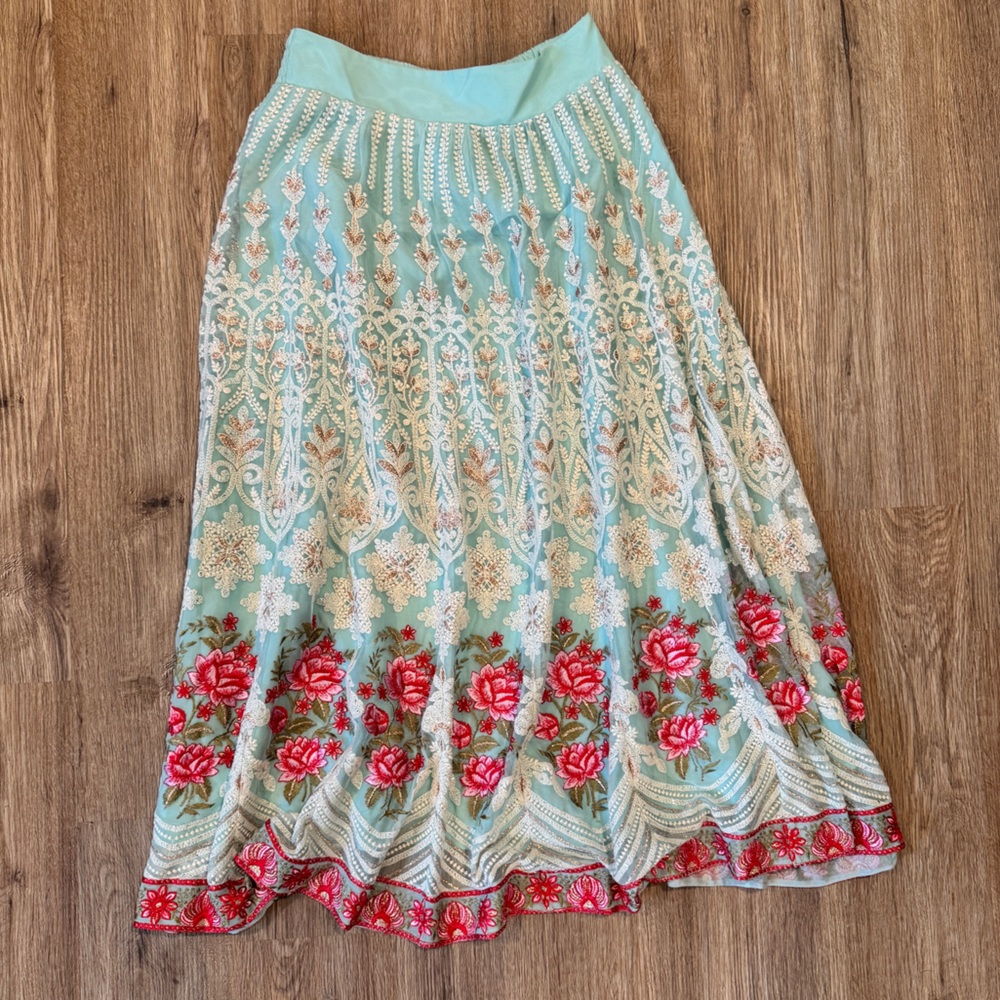 Soft Surroundings Aqua and Red Embroidered Maxi Skirt